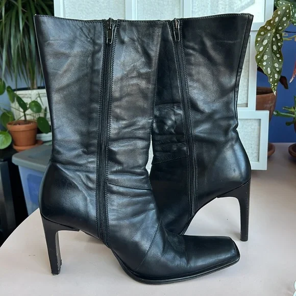 Charles David Black Leather Square-Toe Fitted Mid-Calf Boots Sz 38 - Picture 7 of 9